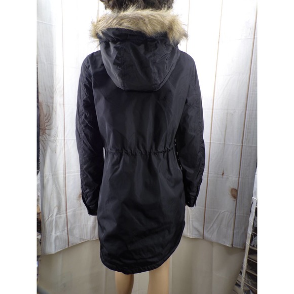 Arizona Jeans Co. Womens Black Jacket Faux Fur Hood Quilt Lining Rain Slick Med - Picture 5 of 11